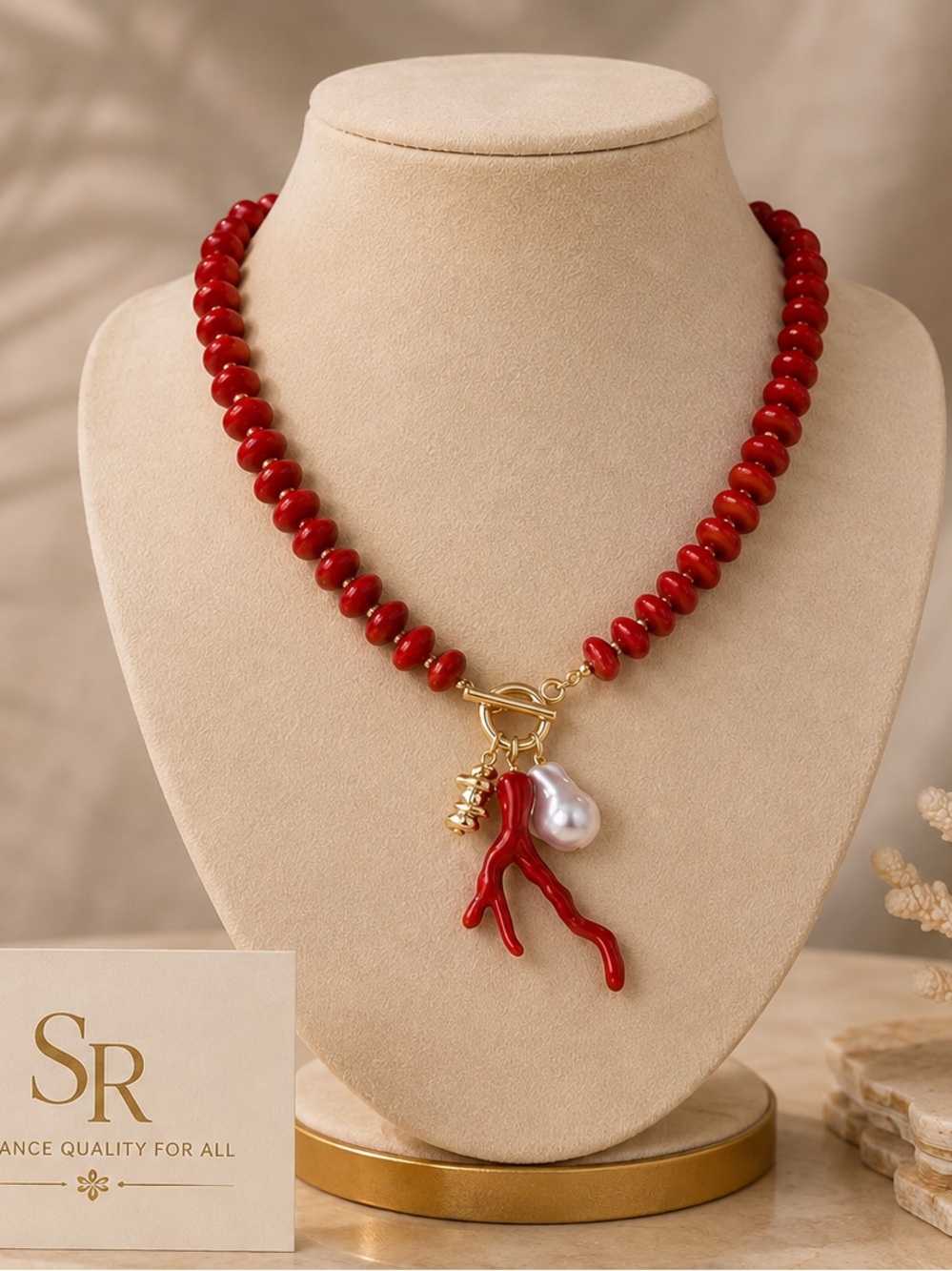 Gold-Tone Red Bead Necklace with Coral Charm & Pearl Accent